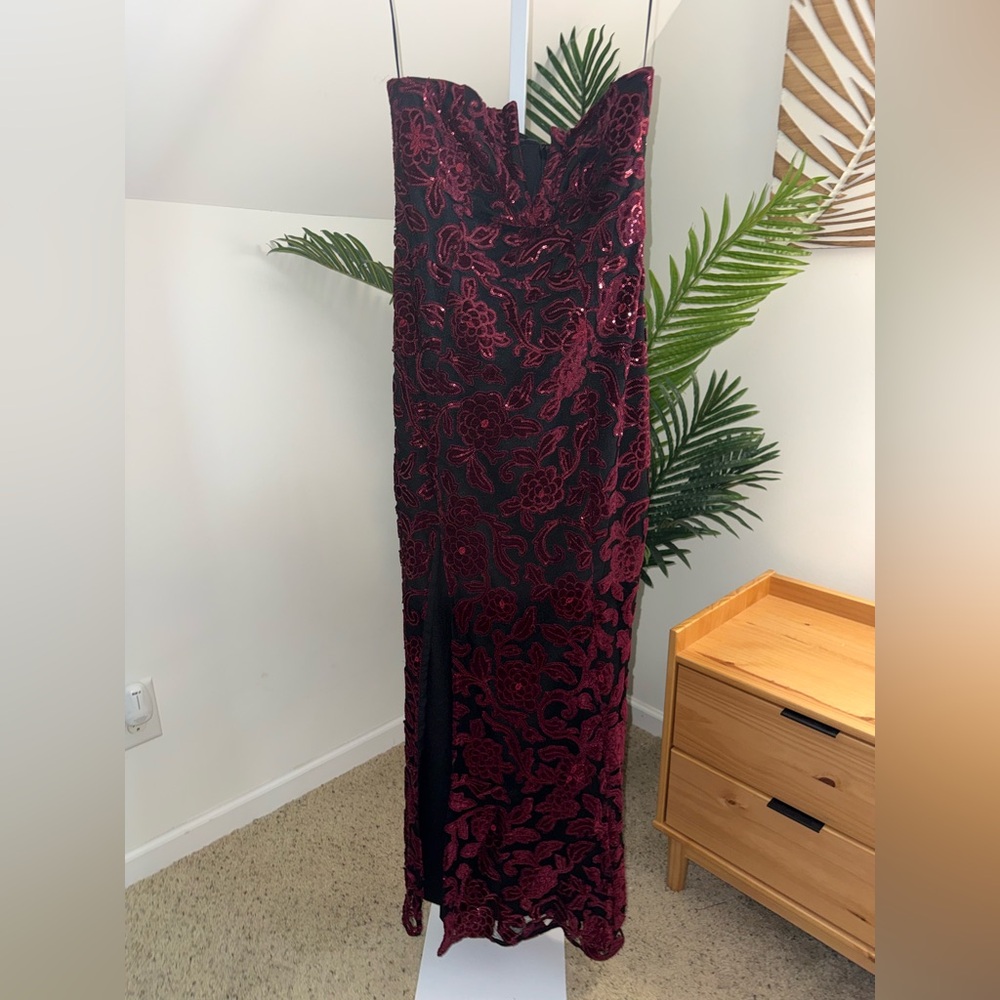 Dress the Population Black Floral Corset Gown Formal Sequin mermaid burgundy L - Picture 5 of 8